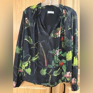 Babaton Aritzia Black Botanical Tropical Floral Long Sleeve V-Neck Blouse